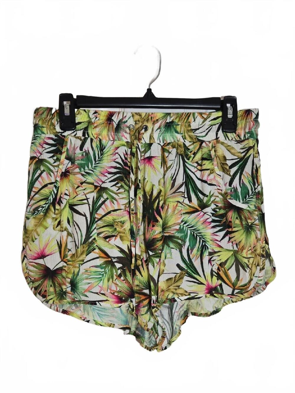 Lucky Brand Green White PinkTropical Leaf Elastic-Waist Shorts Size Medium